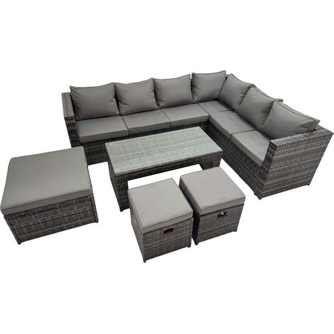 Fimous Outdoor Rattan Oblong Coffee Table Corner Sofa Sets Garden Furniture Set with 3 Stools Dark Grey Mixed (1/5)