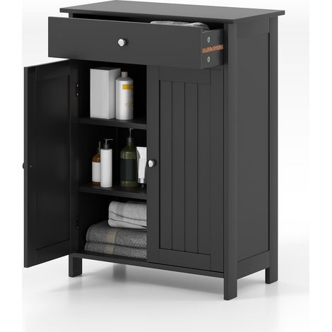COSTWAY Bathroom Floor Cabinet Freestanding Storage Organizer w/2 Doors-Black (1/5)