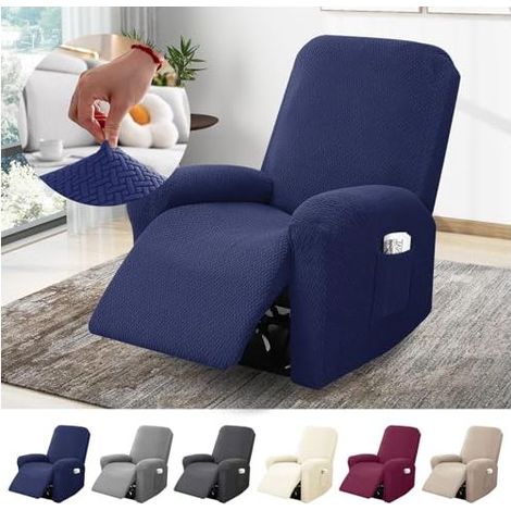 Housse de fauteuil 1 place, housse extensible avec poches, protection intégrale en jacquard rayé pour fauteuils TV et relax (bleu, ensemble de 4 pièces) (1/5)
