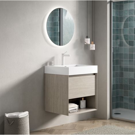 Mobile lavabo sospeso 55 cm con vasca in resina, cassetto e ripiano, rovere chiaro OKMYHOME (1/5)