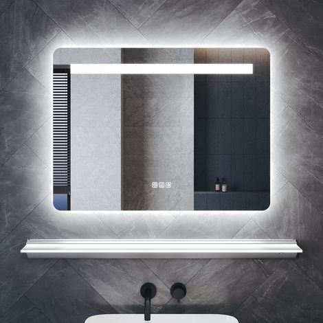 SONNI Antibeschlag Badspiegel mit Beleuchtung und Beleuchteter Ablage, 80×60cm Quadrat Badezimmerspiegel mit Doppel-LED-Beleuchtung 3 Lichtfarben Memory-Funktion
