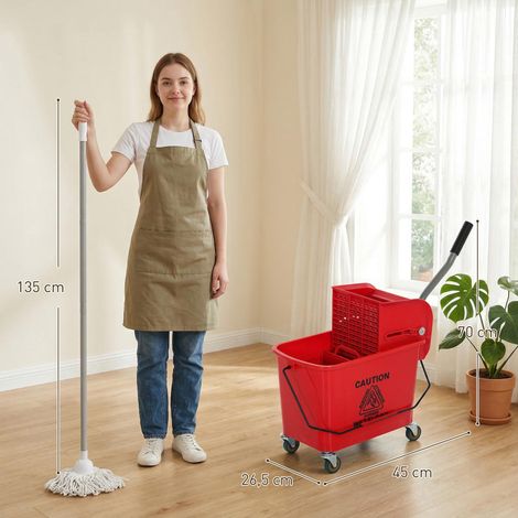 Seau à serpillière avec essoreuse, séparateur et roulettes, capacité 20 L pour le nettoyage ménager, 45 x 26,5 x 70 cm, rouge (1/5)