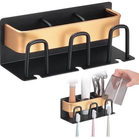 Porte-brosse à dents - Aluminium - Or noir - Mural - Adhésif - Pas de perçage (1/4)