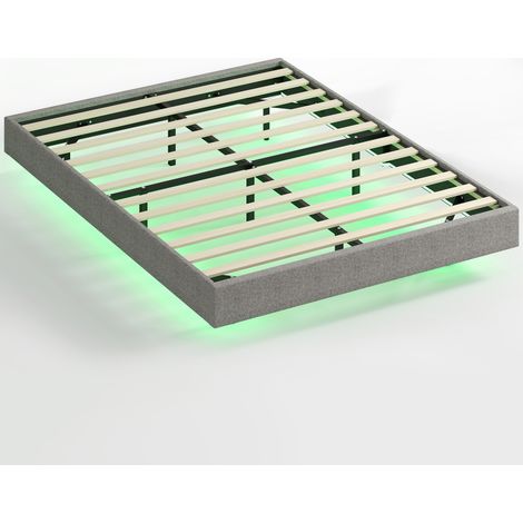 HOMCOM somier flotante 140x190 cm con luces led, estructura de cama, tapizado en lino, láminas de madera, silencioso, fácil de montar, gris