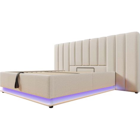 Lit Coffre Lit Double, USB, USB-C et LED 160×200 cm, sans Matelas, en Lin, Beige (1/4)