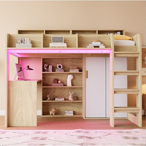Hochbett Holzwerkstoff Holzfarbe 90x200 cm mit Schreibtisch, Kleiderschrank, Stauraum, LED und Lattenrost (1/5)