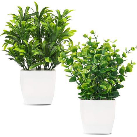 Plante Artificielle - Eucalyptus - Pot Plastique Blanc - Hauteur Totale 23 cm - Décoration Intérieure Bureau Maison - Lot de 2 (1/5)