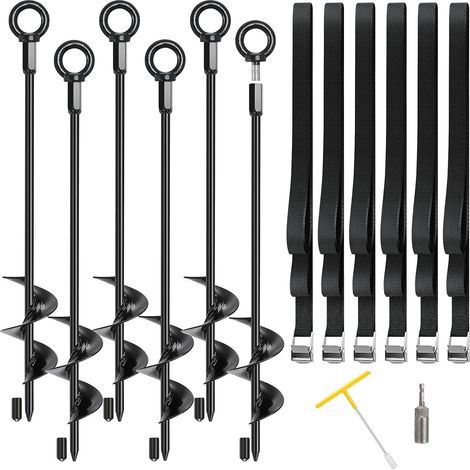 Ancrage au Sol 45 cm – Piquets d’Ancrage Spiralés à Visser, Ancrage Anti-Vent, Sangles d’Arrimage Réglables + Outils Douille, pour Balançoire, Tente, Tonnelle, Abri, Carport (1/5)