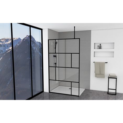 MARWELL Duschwand, schwarz 120 x 195 cm - inkl. Deckenhalterung - Begehbare Dusche - Walk-In - Duschabtrennung - Siebdruck (1/4)