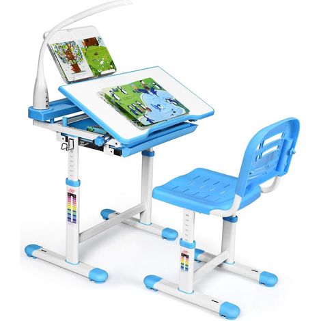 Goplus – Bureau enfant avec chaise réglable – Angle ajustable 0°-40° – Lampe directionnelle – Support de livres – Tiroir coulissant – Charge 80kg (1/5)