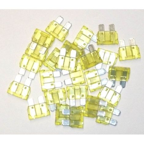 Fusibles enchufables de 20 amperios, paquete de 25 unidades – Protección de aparatos eléctricos – Dimensiones: 19 x 4,5 mm – Amarillo