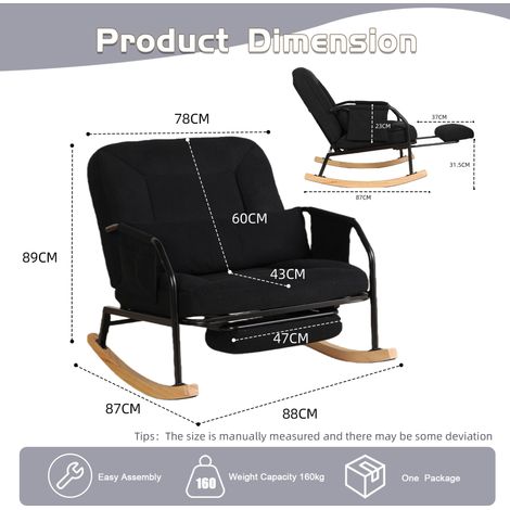 Grand fauteuil à bascule extérieur en velours côtelé noir avec repose-pieds, dossier réglable, fauteuil de relaxation pour salon, balcon et terrasse (1/5)