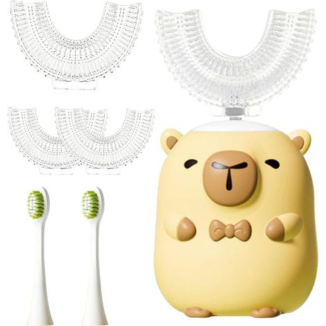 Brosse à dents électrique pour enfants, brosse à dents électrique 360° en forme de U pour garçons et filles, avec 4 têtes de brosse en silicone et 2 têtes de brosse (1/5)