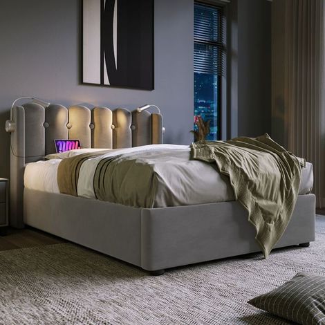 Lit coffre 1 place - SOGEU - lit coffre 90x200 cm - Tête de lit avec liseuse - Rangement hydraulique - Matelas inclus (1/5)