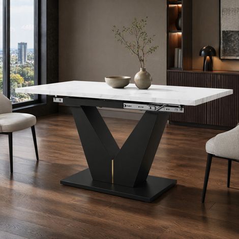 Ausziehbarer Esstisch MDF in Weiß mit Marmoreffekt und Metallgestell Schwarz, 99-159x75x75 cm (1/5)