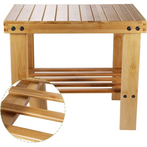 Tabouret Bas en Bamboo Naturel avec Etagère de Rangement pour Enfants et Adultes (322434cm)