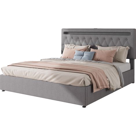 Lit Coffre 2 Places 180 x 200 cm en Lin, LED Réglable et USB, Mécanisme Hydraulique, sans Matelas, Gris (1/5)
