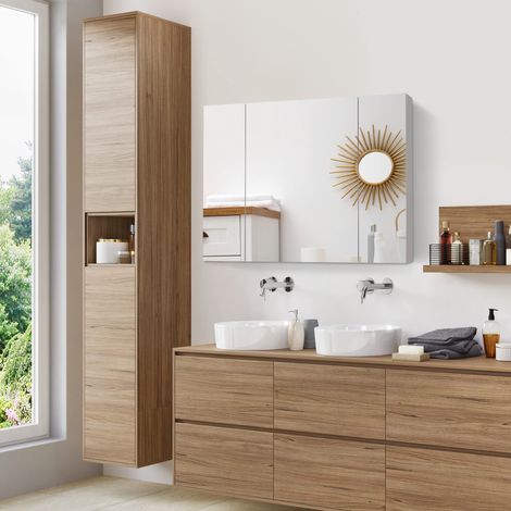Homcom - Armadio da bagno con specchio e luci a LED, Mobiletto Bagno Sospeso con ripiani regolabili e USB mobile per il bagno, stile moderno, 90 x 15 x 75 cm, bianco (1/5)