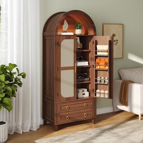 Columna de cocina, aparador alto de salón de 180 cm con LED, 2 puertas decoradas con ratán, 2 cajones y nicho en arco, diseño vintage, color nogal (1/5)