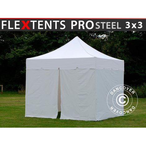 Pop up gazebo FleXtents PRO Steel "Peaked" 3x3 m White, incl. 4 sidewalls