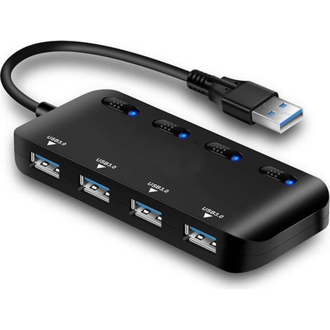 Hub USB 3.0, 4 Puertos Ultra Delgado Super Vitesse 5Gbps Multi Hub USB con Interrupteur Independiente y LED (1/4)
