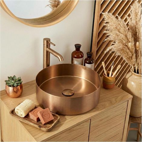 Lavabo da appoggio rotondo in acciaio inox nero, 36 cm, con piletta di scarico abbinata