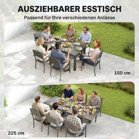 Ensemble de jardin 7 pièces avec table extensible et 6 chaises empilables, aspect bois, design lamelles, cadre en aluminium. (1/5)