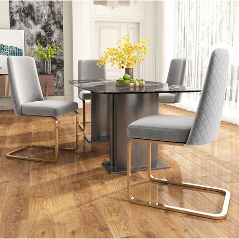 Sillas de comedor de terciopelo gris, respaldo capitoné, patas metálicas doradas, lote de 4 HAVRYA (1/5)
