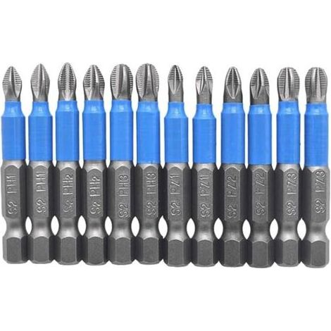 Embouts de tournevis, 1/4 pouce PZ1 PZ2 PZ3 PH1 PH2 PH2 Jeu de tournevis cruciformes magnétiques 12 pièces x 50 mm (1/4)