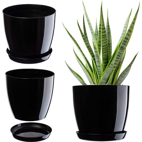 KADAX Blumentopf mit Untersetzer, aus Kunststoff, rund, 12 cm, Schwarz