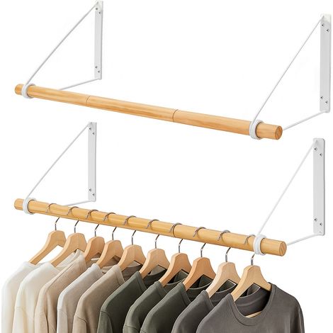XJYMCOM 2PCS Wall Mounted Clothes Rail 80cm Towel Rails Wood Wall Wardrobe Coat Rack Hanging Display Holder for Hallway Furniture Bedroom Laundry Bathroom White (1/5)