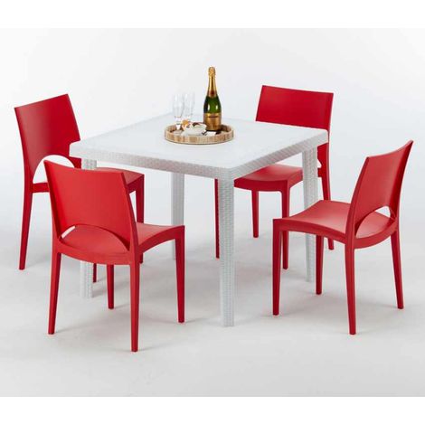 Weiß Quadratisch Tisch und 4 Stühle Farbiges Polypropylen-Außenmastenset Grand Soleil Paris Love - Rot