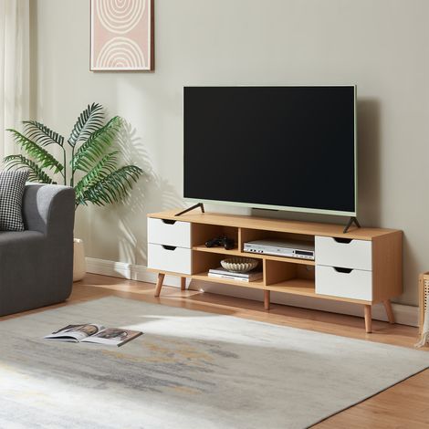 Mobile Porta TV Bordkak con 4 Cassetti a Scomparti Aperti 140 x 30 x 45 cm - Effetto Rovere / Bianco [en.casa]