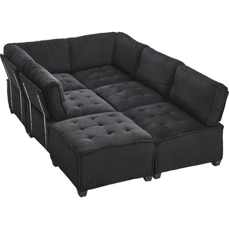 ELVMI Divano Modulare 6 Posti con Tasche Laterali e Configurazione a U o L Trasformabile in Letto, in Velluto a Coste Nero (1/5)