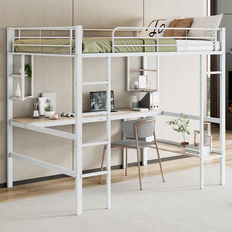 Lit mezzanine, cadre de lit en métal 140x200cm, lit en fer avec bureau intégré, sans matelas, lit mezzanine avec quatre petites étagères et une grande bibliothèque pour enfants