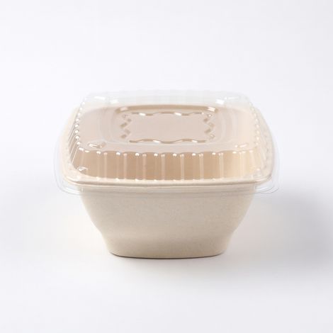 Bol carré en pulpe de canne à sucre 1300 ml, avec couvercle PET