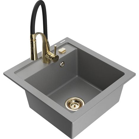 Mexen Vito granitspüle 1-beckig mit Küchenarmatur Aster, grau - 6503-71-73450-57-G (1/5)