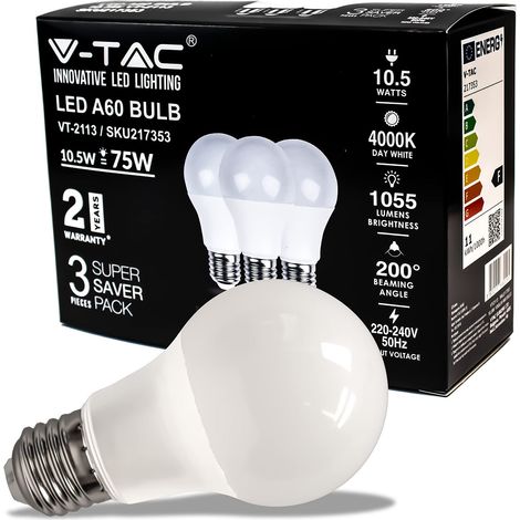 Ampoule LED culot E27 10,5W (équivalent 75W) A60-1055 Lumen - 4000K Blanc Neutre - Ouverture du faisceau lumineux 200° - Efficacité Maximale et Économie d'Énergie - (Boîte de 3 pièces) (1/5)