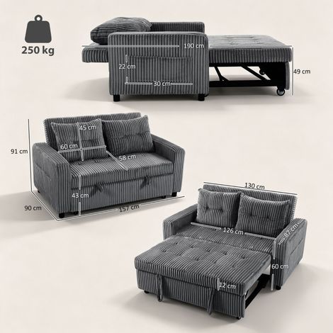 Canapé convertible 2 places, tissu velours côtelé gris foncé, mécanisme lit escamotable, 2 oreillers inclus, rangements latéraux, dimensions 157x190 cm. (1/5)