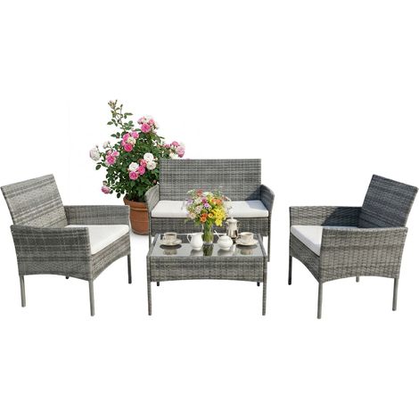 Relaxdays Gartenmöbel Set, 4-tlg. Rattan Sitzgruppe, 4 Personen, Bank, Sessel & Glastisch, Loungemöbel, outdoor, grau