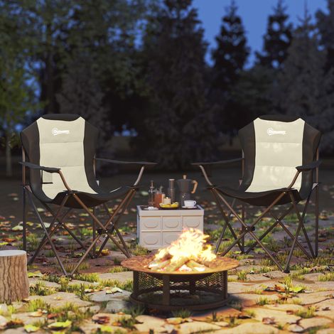 Crème - Lot de 2 fauteuils camping dossier haut, porte-gobelet, sac transport, métal+Oxford, extérieur plage jardin