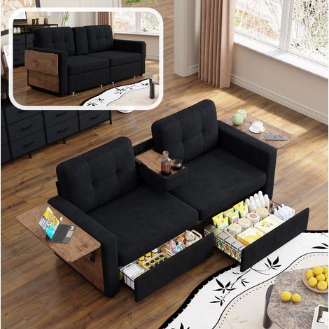 Canapé 2 places en chenille noir avec tablettes rabattables, porte-gobelets et 2 tiroirs OKWISH (1/5)
