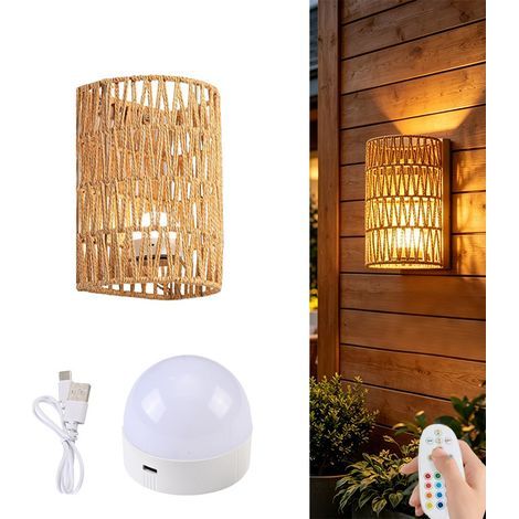 LED-Wandleuchten aus Rattan, wiederaufladbar, 3 Farben + RGB, mit Fernbedienung, dekorative Wandleuchte für den Innen- und Außenbereich (1/5)