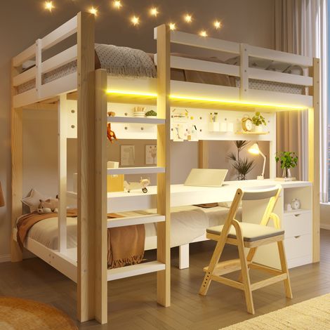 Letto a soppalco 90x200/140x200 cm bianco e naturale in pino con cassetti, scrivania e luce LED (1/5)