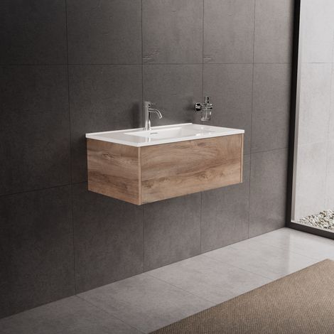Inda - Badezimmerschrank 1 Schublade L.80 mit glänzendem Waschbecken / Natureiche - Diamante (1/5)
