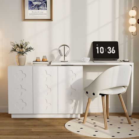 Bureau d’angle en L pivotant blanc 110 cm, bureau ordinateur multifonction coiffeuse design compact rangement moderne (1/5)