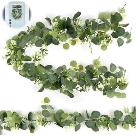 2 Stück Eukalyptus Girlande 1.8m, Künstliche Girlanden Eukalyptus, Blumengirlande mit Weiße Blumen Blumen Girlande, Blätter Girlande, Künstliche Pflanze Girlande Grün, für Hochzeit Zuhause Deko