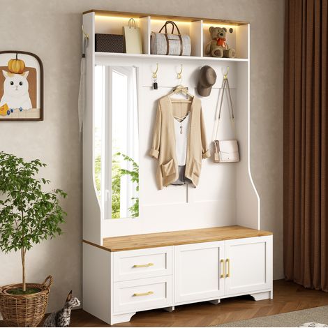 MODFU – Mueble de entrada 120x40x187 cm de MDF con LED 16 colores, espejo, percheros, cajones, asiento, carga 70 kg y USB/Bluetooth – Blanco y madera (1/5)
