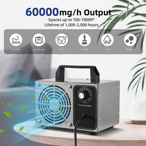 Ozongenerator 60.000 mg/h, Edelstahl, Ozongerät zur Geruchsbeseitigung, Ionisator, Luftreiniger mit Ozon für Zuhause, Auto und Haustiere, mit Tragegriff und 0-60-Minuten-Timer (1/5)