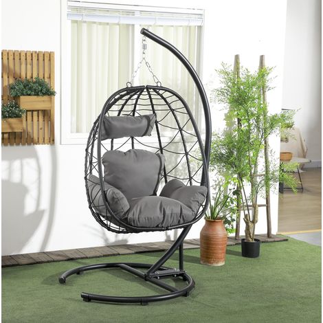 Fauteuil suspendu avec support, coussins et housse imperméable, acier noir (1/5)